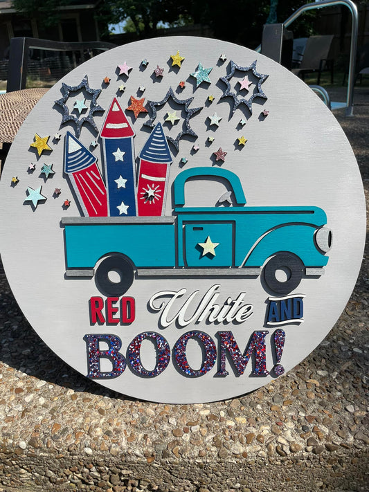 3D Red White and Boom Sign